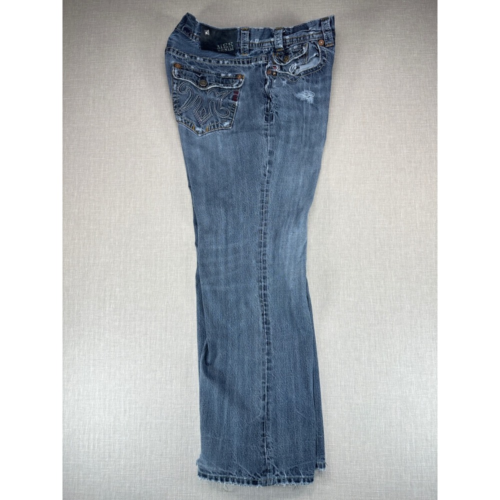 MEK Denim Mazatlan Jeans Mens 40 Blue Bootcut Distressed Embroidered Button Fly - Picture 4 of 16